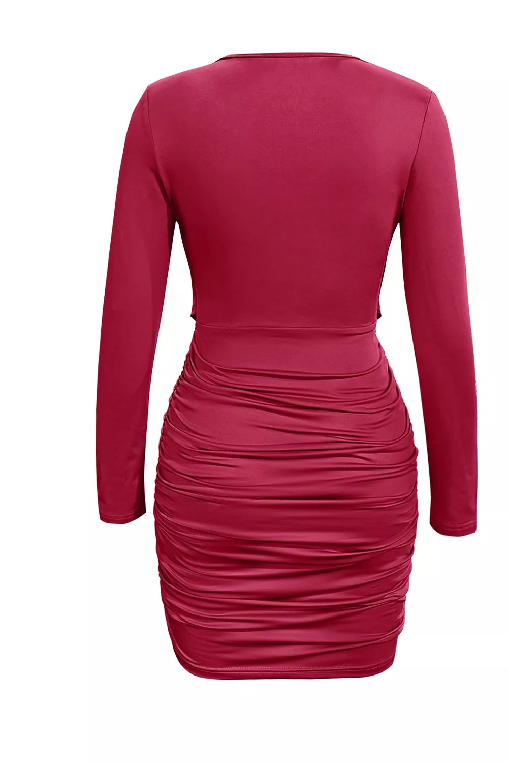 Ruched cowl neck long sleeve mini dress, full outfit view
