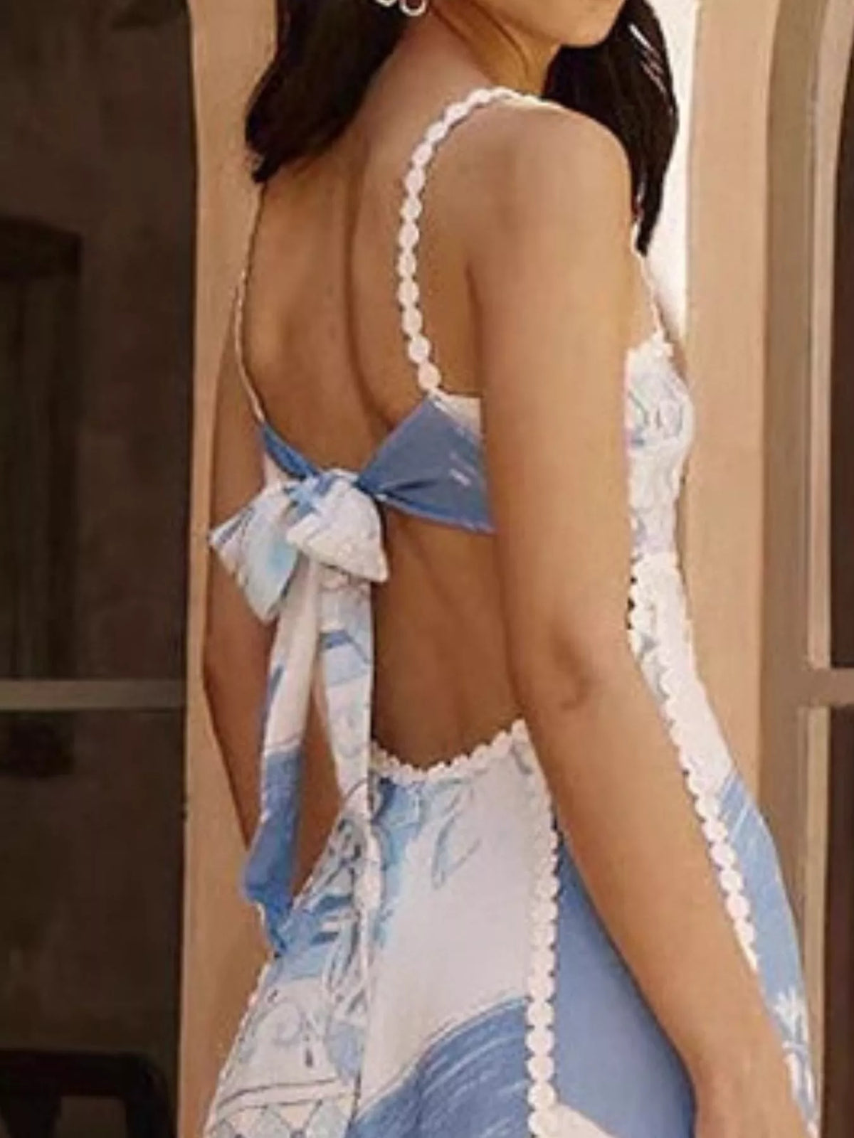 Bow cutout back square neck maxi dress in sky blue detail view
