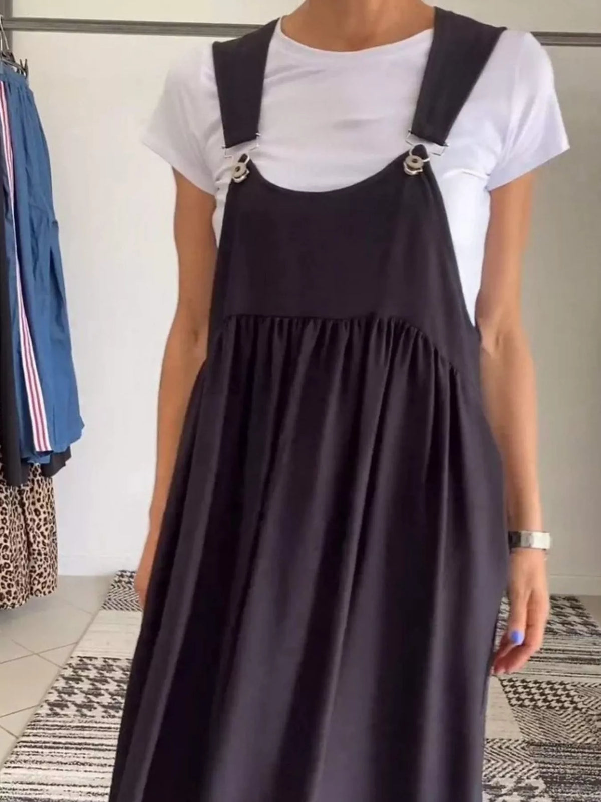 ruched wide strap overall maxi dress full length view
