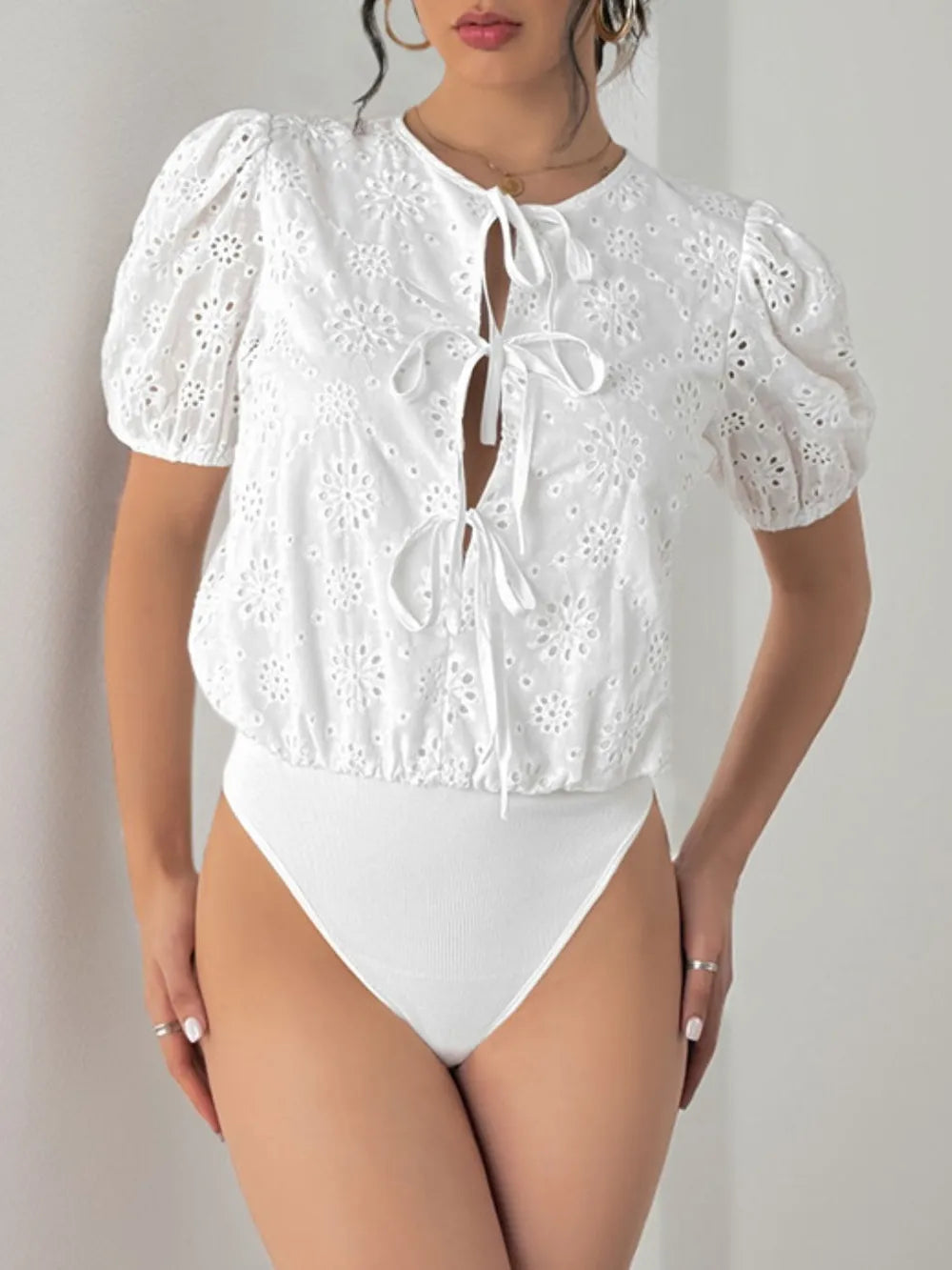 Perfee Tied Eyelet Short Sleeve Bodysuit - Fashorio