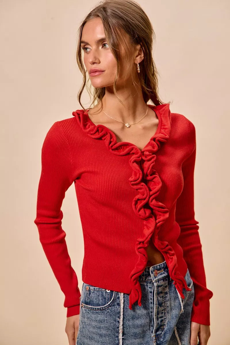 Cascade Ruffle Ribbed Knit Sweater Cardigan, view 11