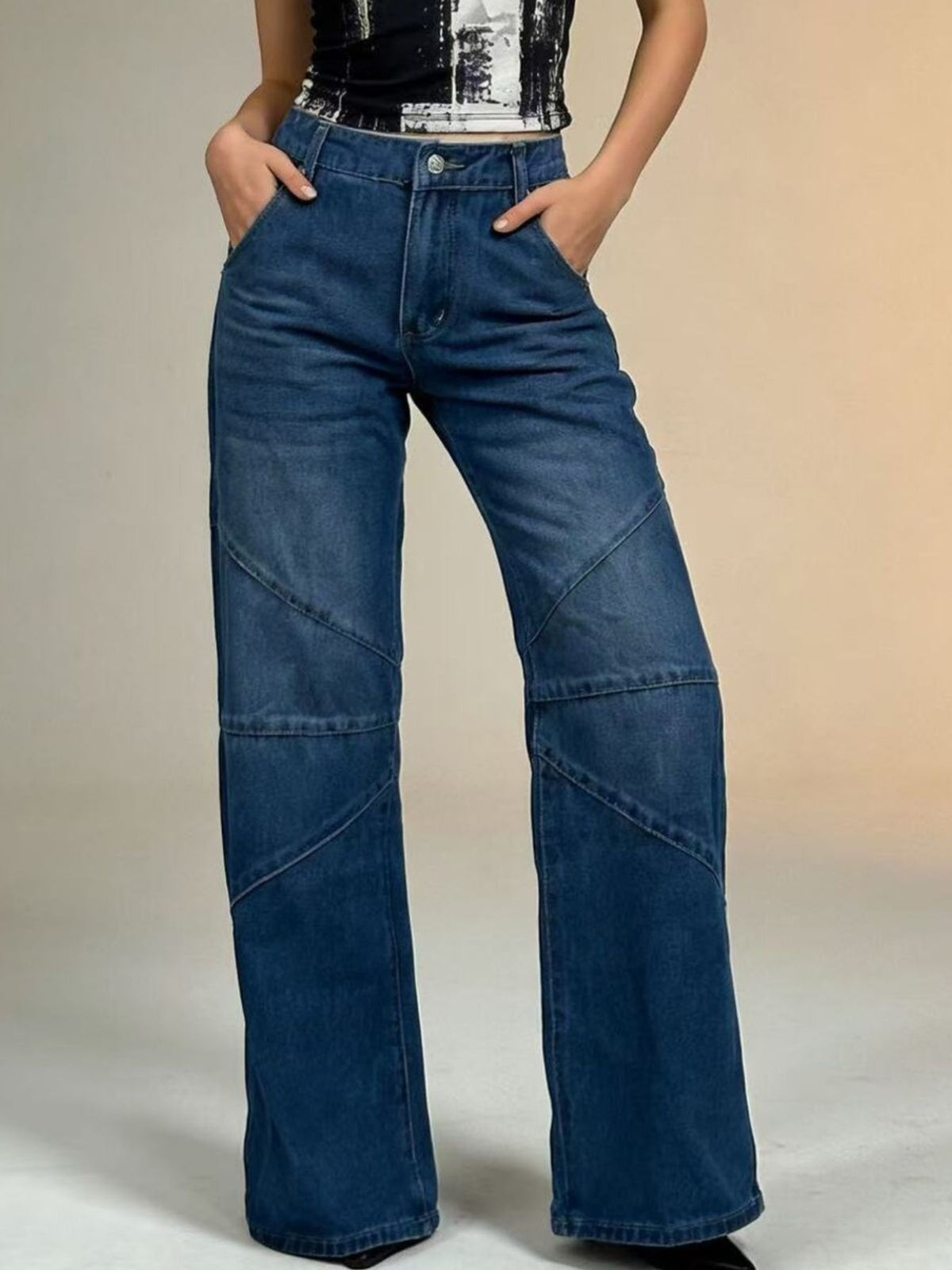 Faded wide leg jeans angled view