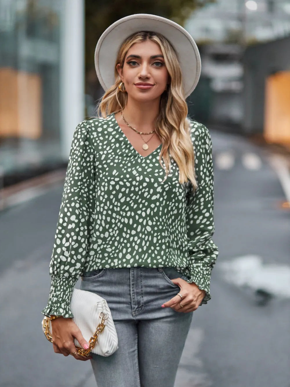 Printed V-Neck Lantern Sleeve Blouse Sage - Fashorio