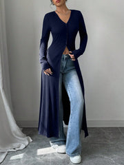V-Neck Button-Front Longline Cardigan Blue - Fashorio