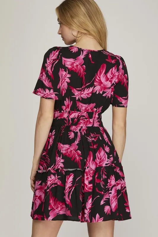 Printed Notched Short Sleeve Frill Tiered Dress back view