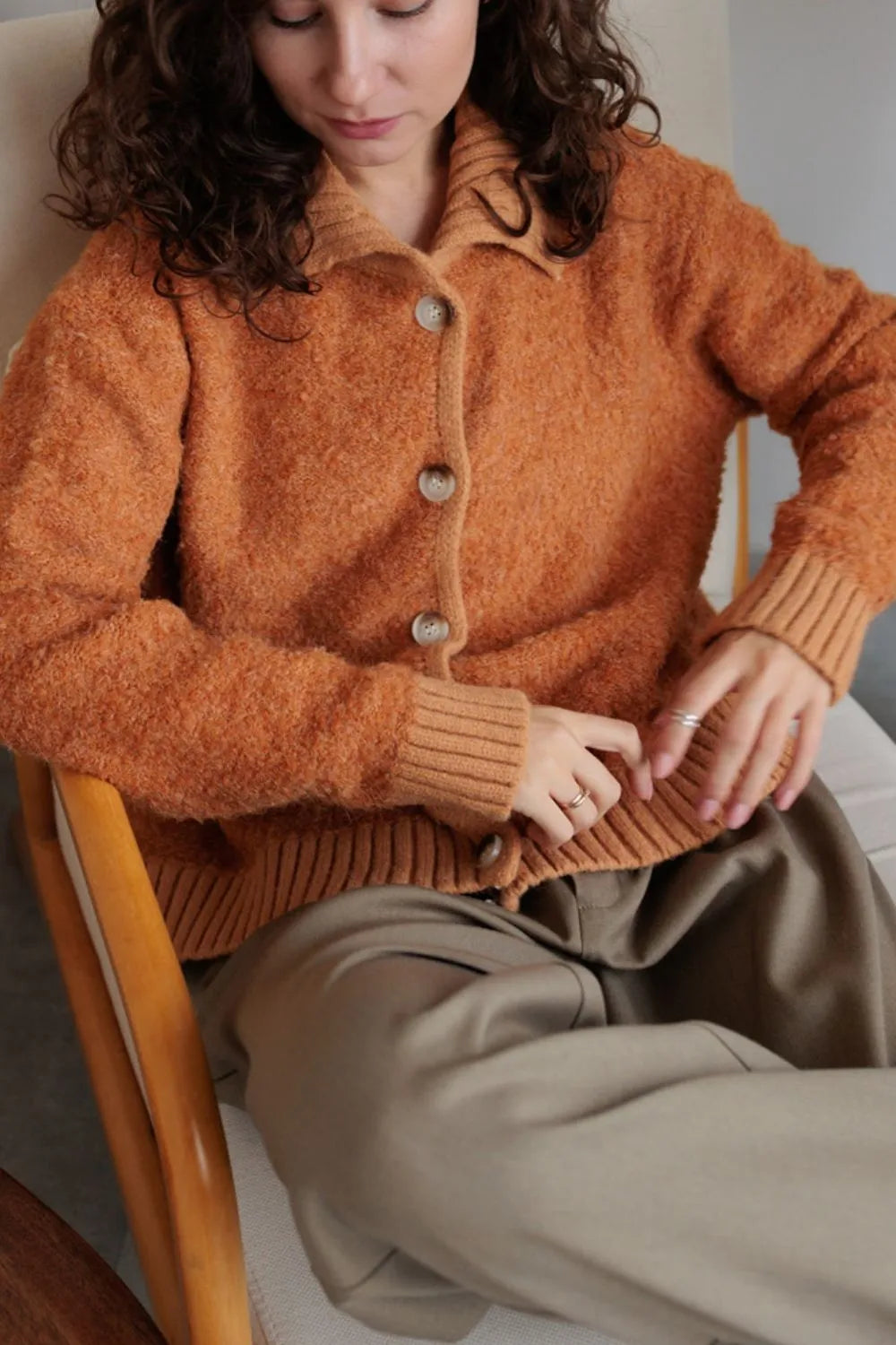 Collared Neck Button Down Long Sleeve Cardigan - Fashorio