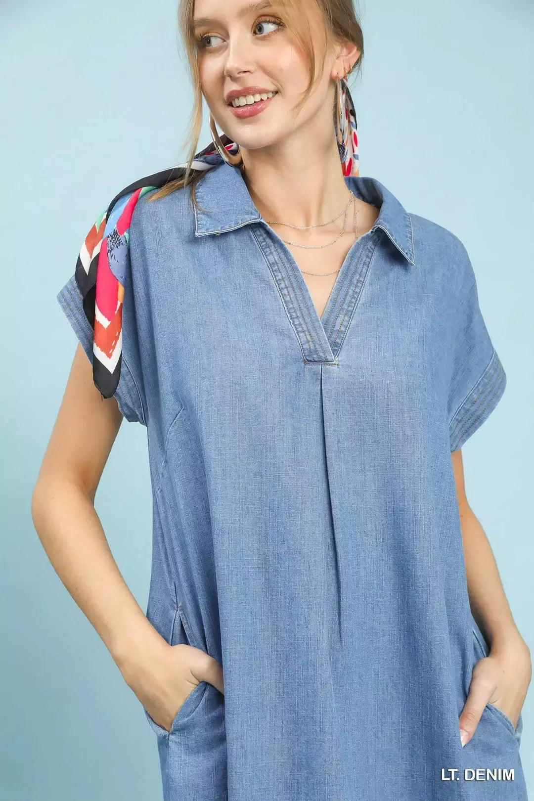 Stone Washed Collared Denim Midi Dress styled look