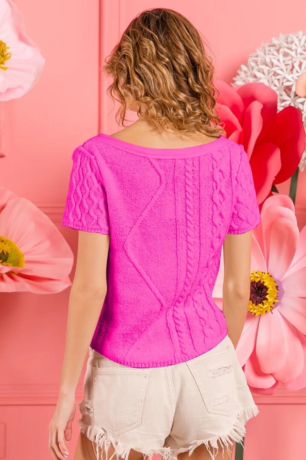 Cable Knit Short Sleeve Sweater in Fuchsia back view