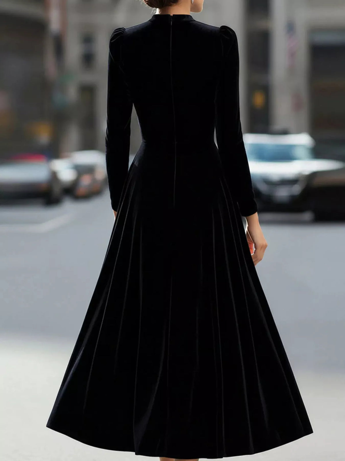 velvet long sleeve A line dress seated view