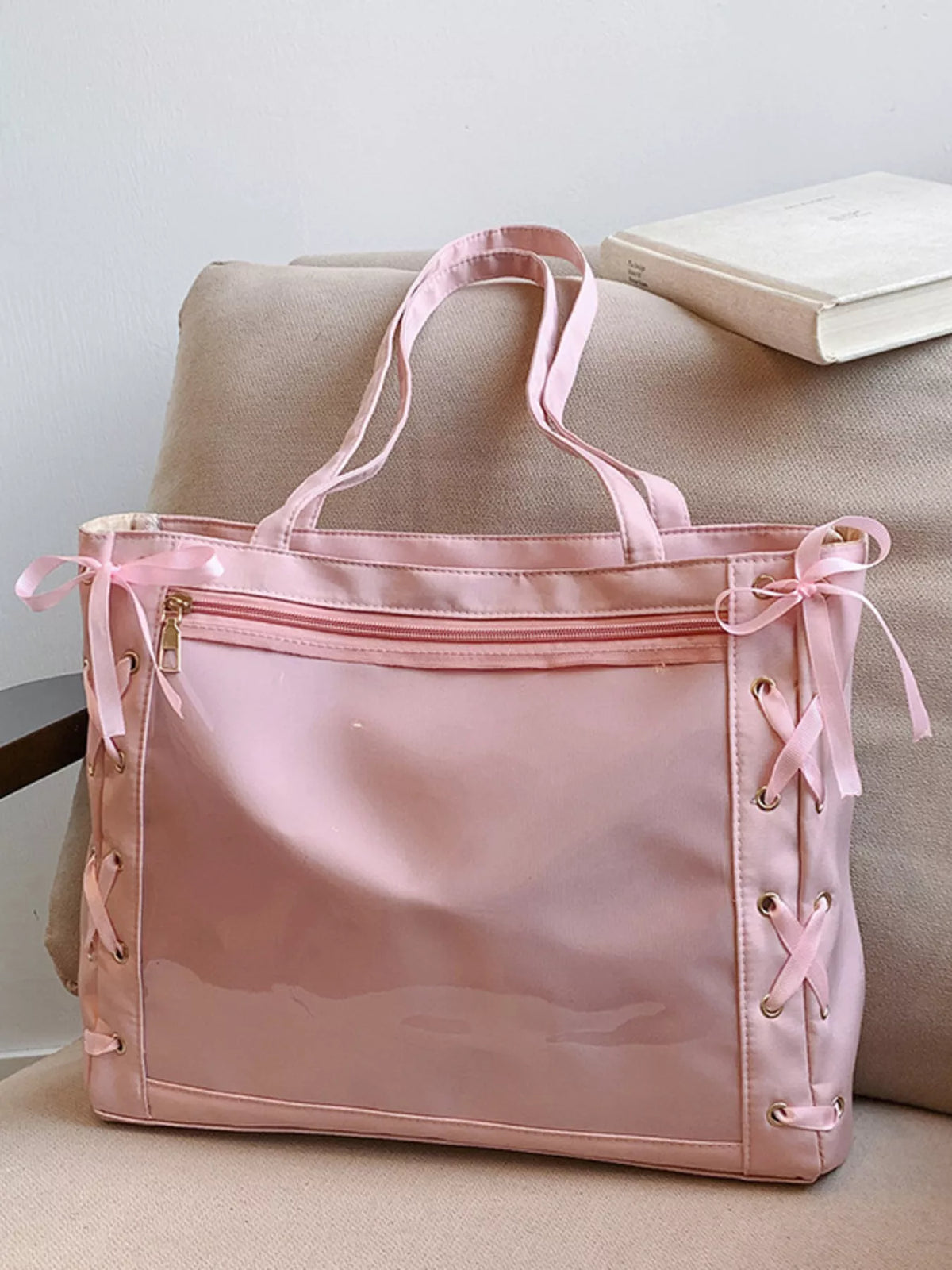 Lace up trim close up on clear bag