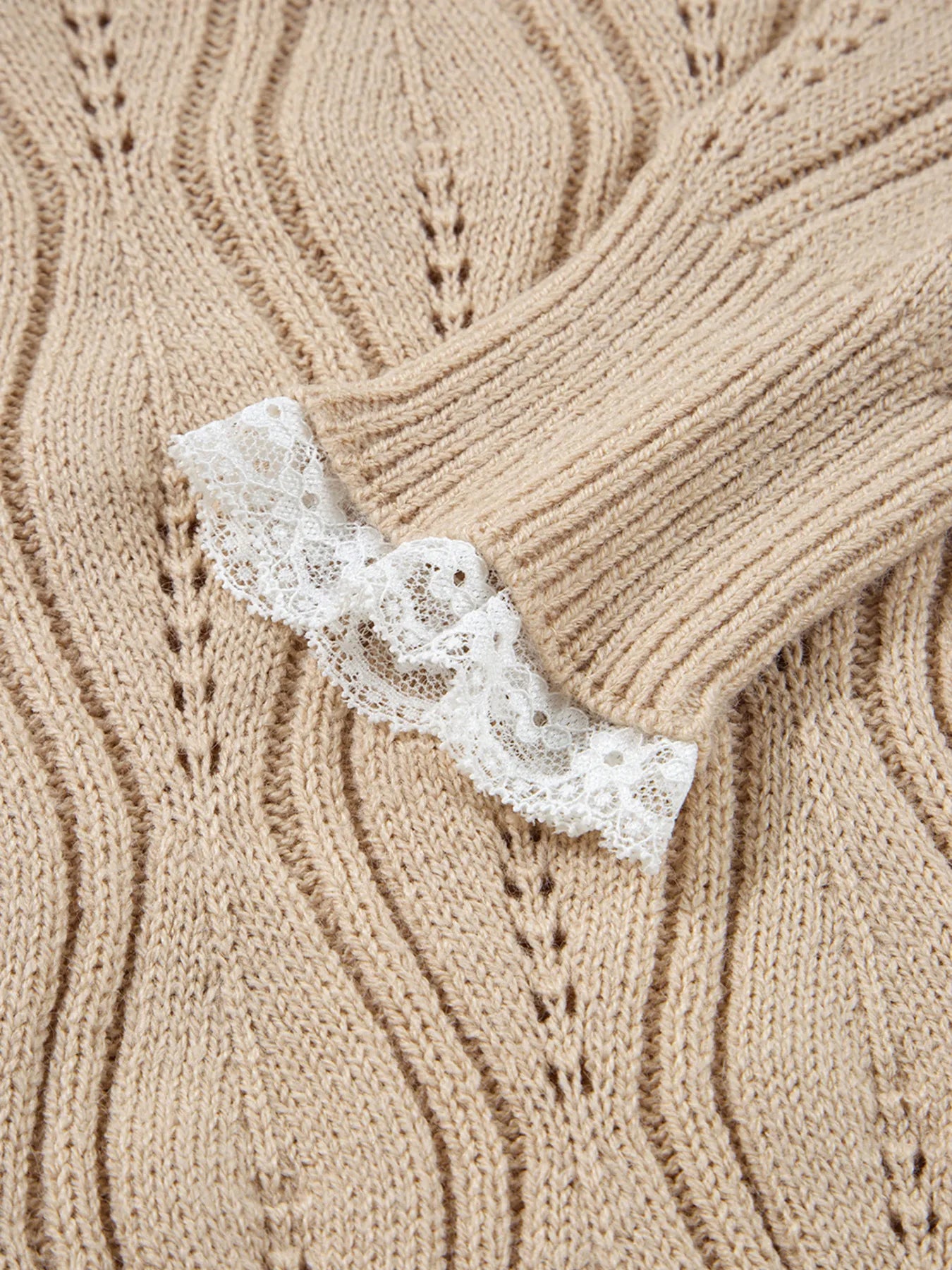 Pearl Beaded Pointelle Knit V Neck Lace Patchwork Sleeve Sweater - Fashorio