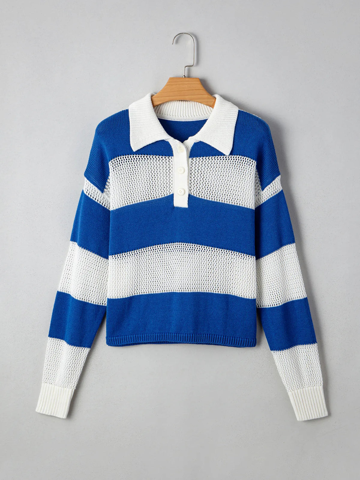 Dusty blue striped crochet polo cover up full length view