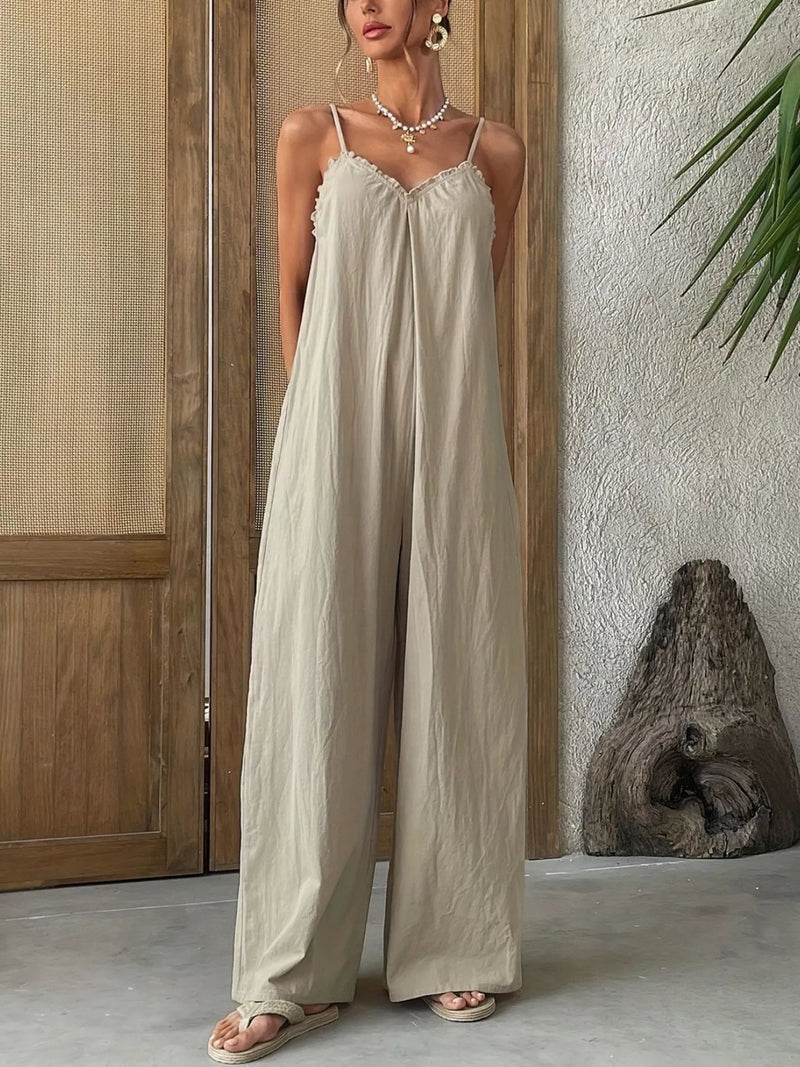 khaki sleeveless wide leg jumpsuit front view