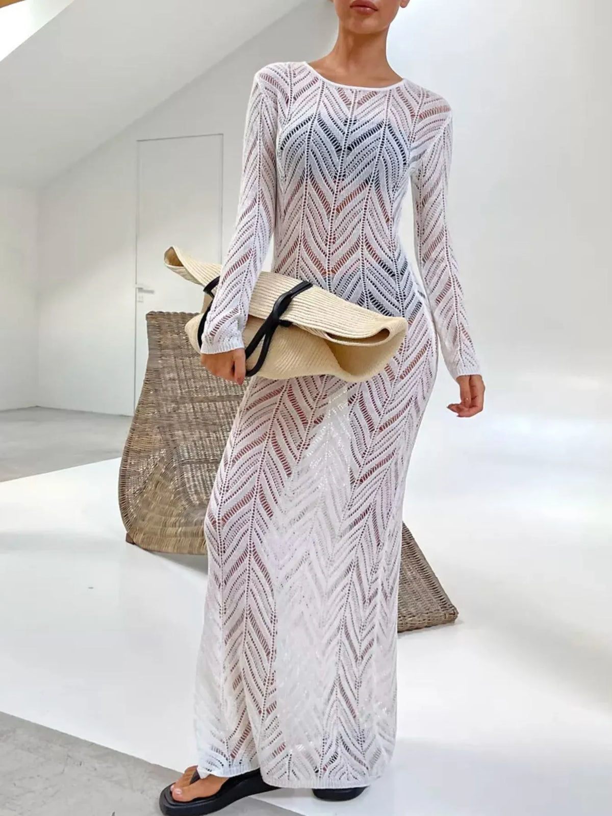 openwork knit long sleeve cover up maxi dress side view