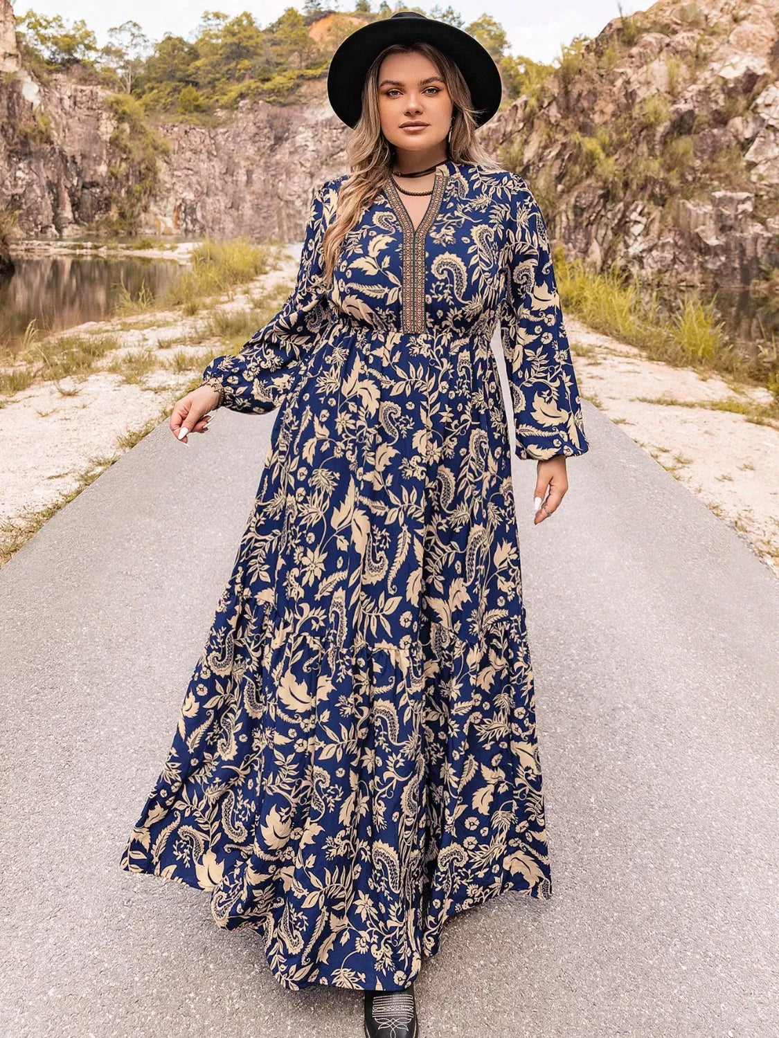 dark blue plus size floral long sleeve maxi dress front view