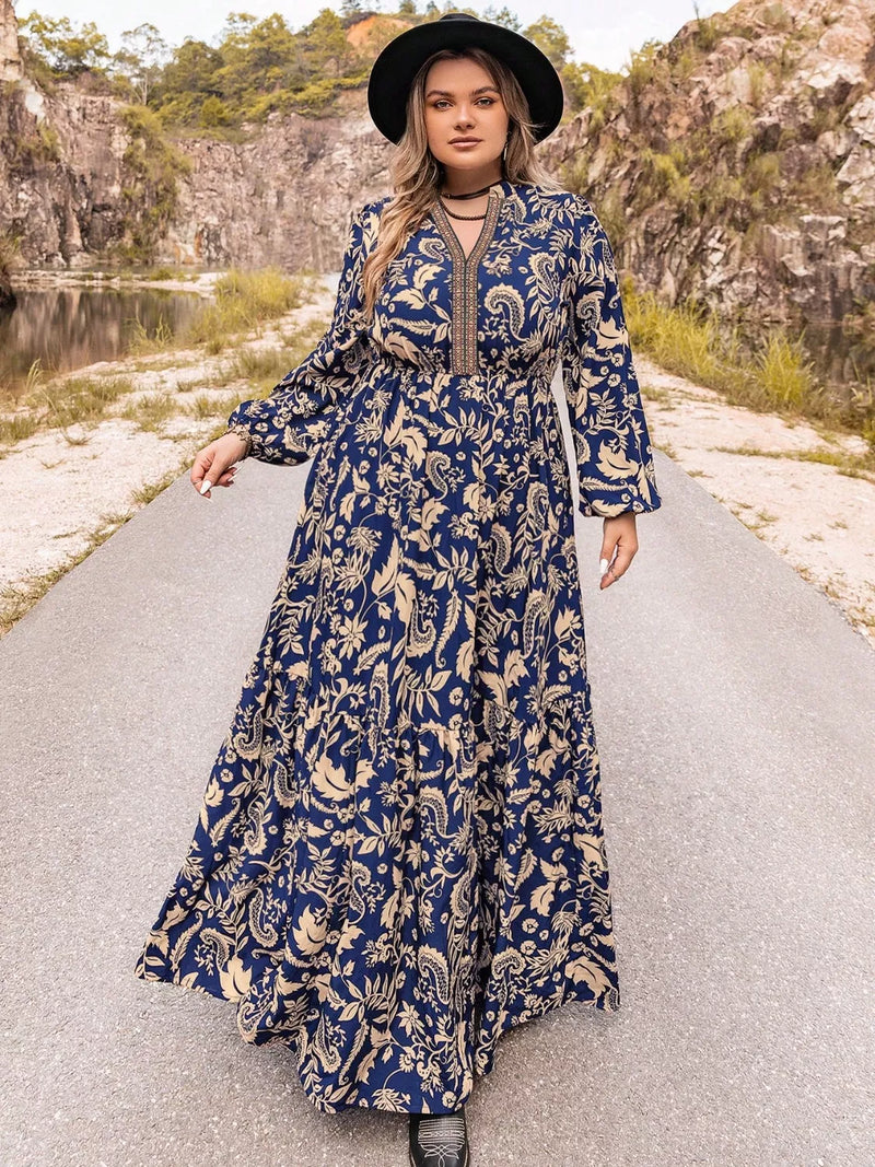 dark blue plus size floral long sleeve maxi dress front view
