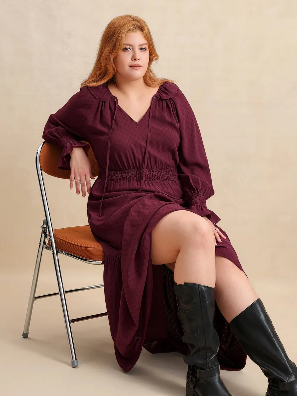 Swiss dot tie neck flounce maxi dress in burgundy styled look