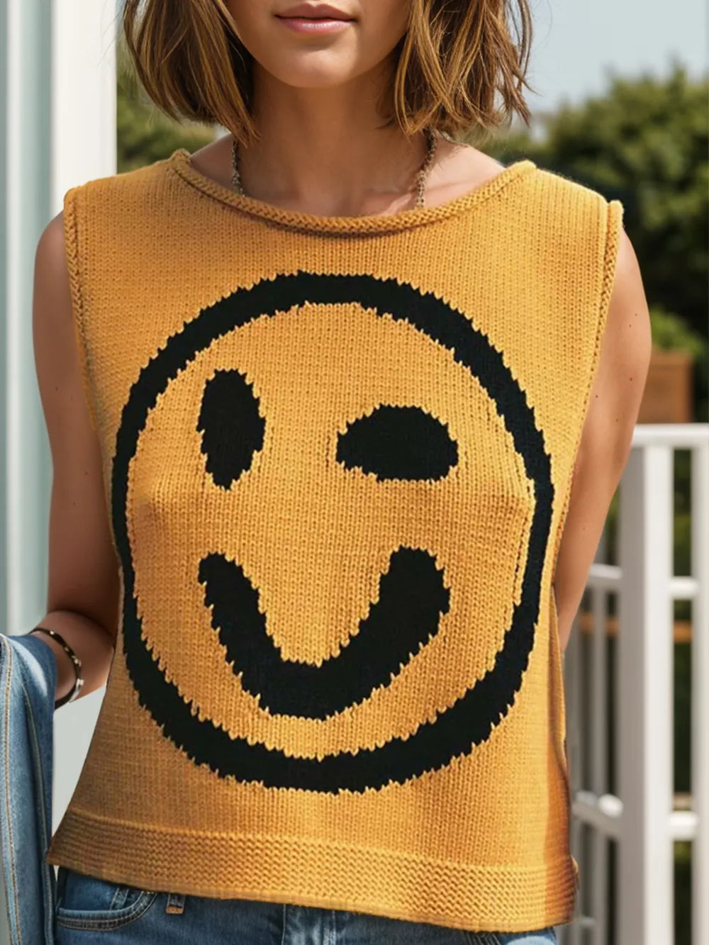 Smiley Face Round Neck Sweater Vest in Mustard back view