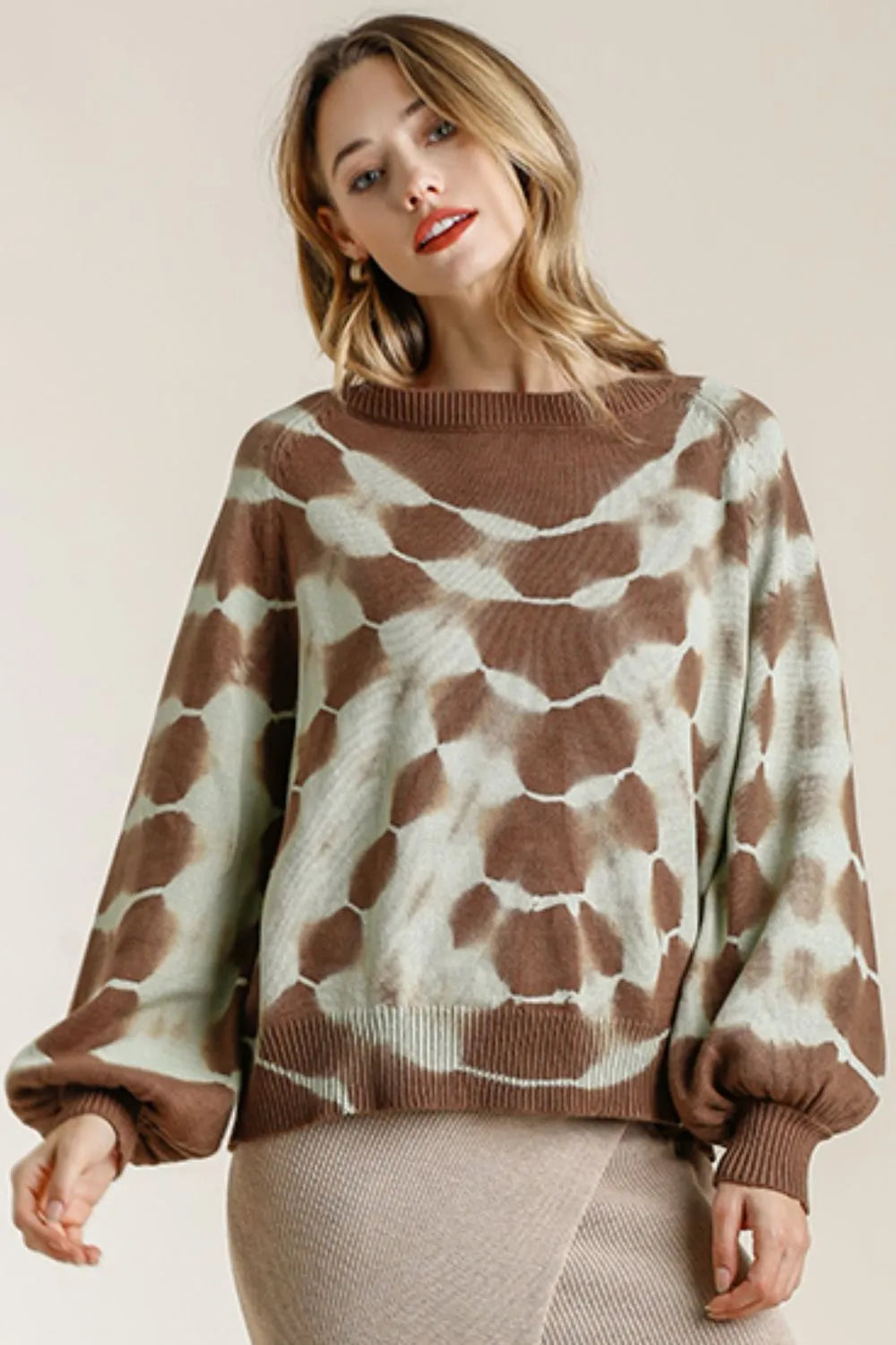 Tie Dye Ribbed Hem Round Neck Sweater Plus Size in Coffee Brown back view