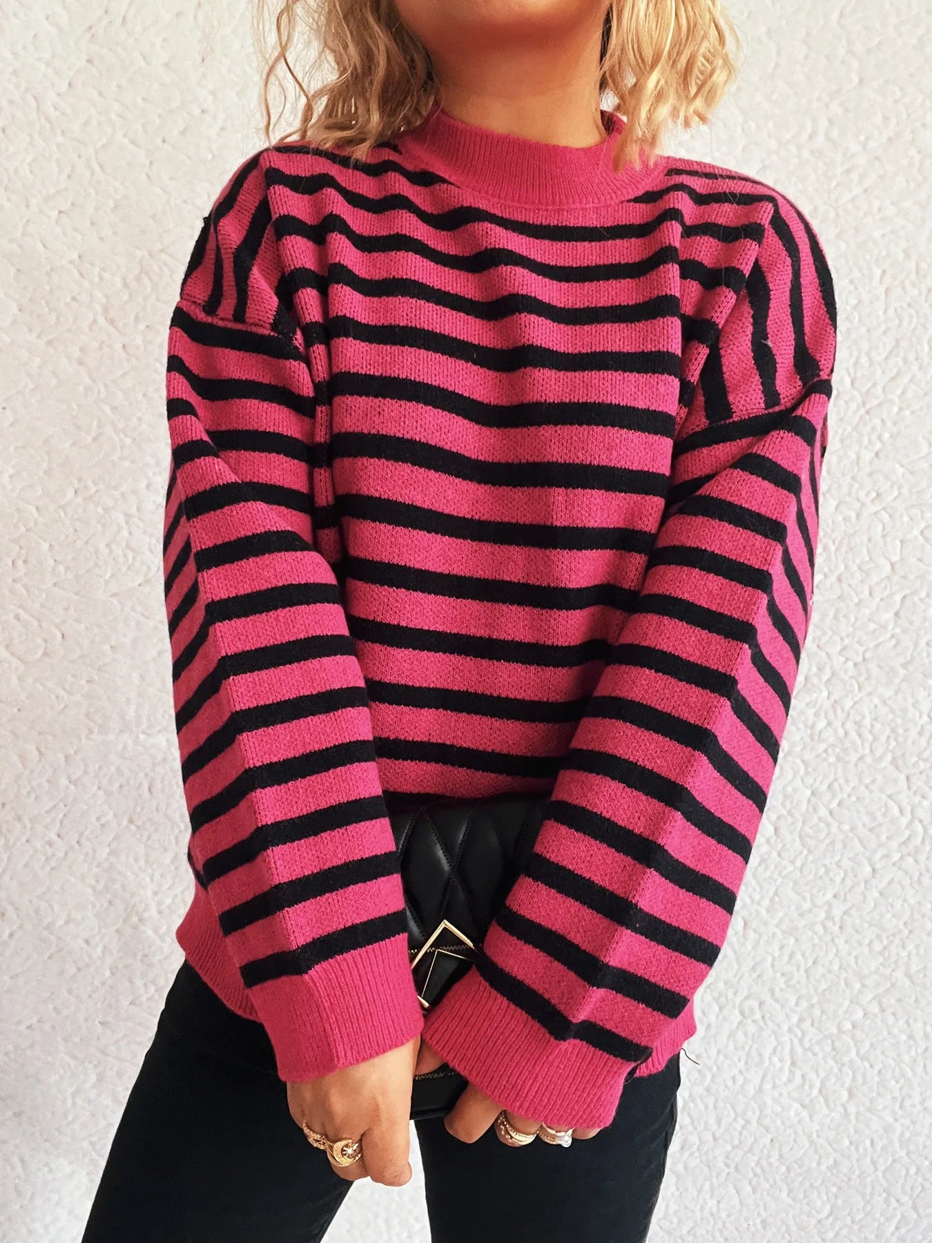 Striped Mock Neck Long Sleeve Sweater - Fashorio