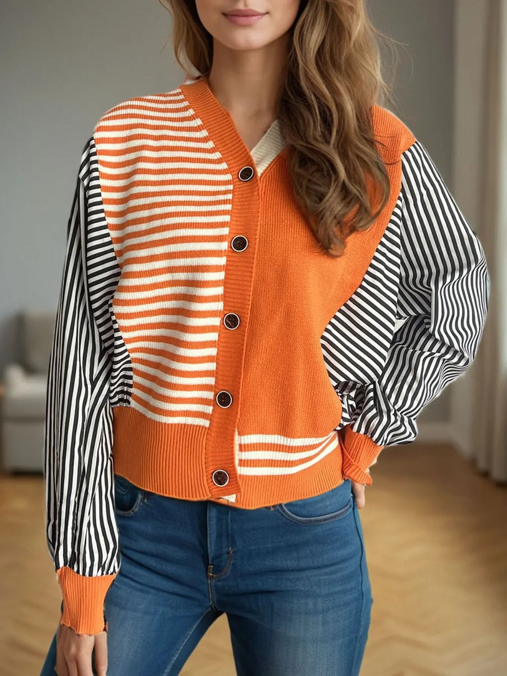 Striped Button Down Long Sleeve Cardigan - Fashorio