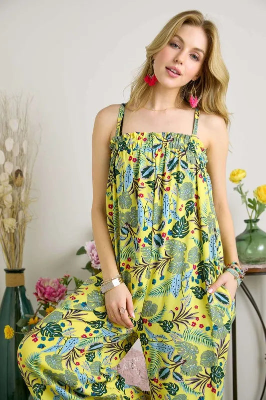 Elastic Detail Tropical Jumpsuit on model