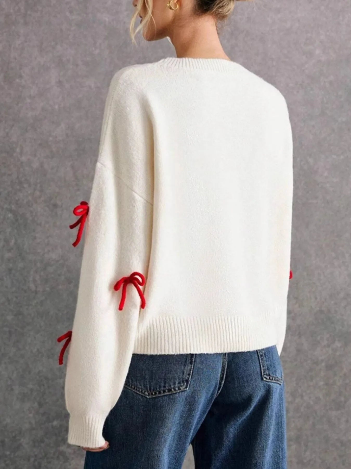 Bow Contrast Round Neck Long Sleeve Sweater - Fashorio