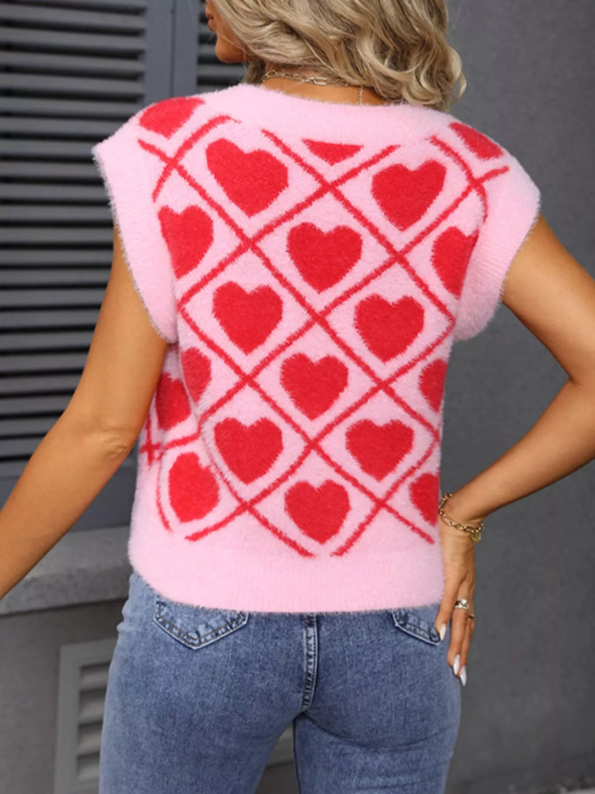 Fluffy Heart Pattern V Neck Sweater Vest, view 6