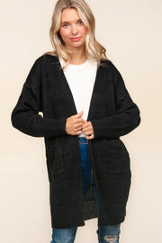 Haptics Stripe Textured Open Front Cardigan with Pockets Black - Fashorio