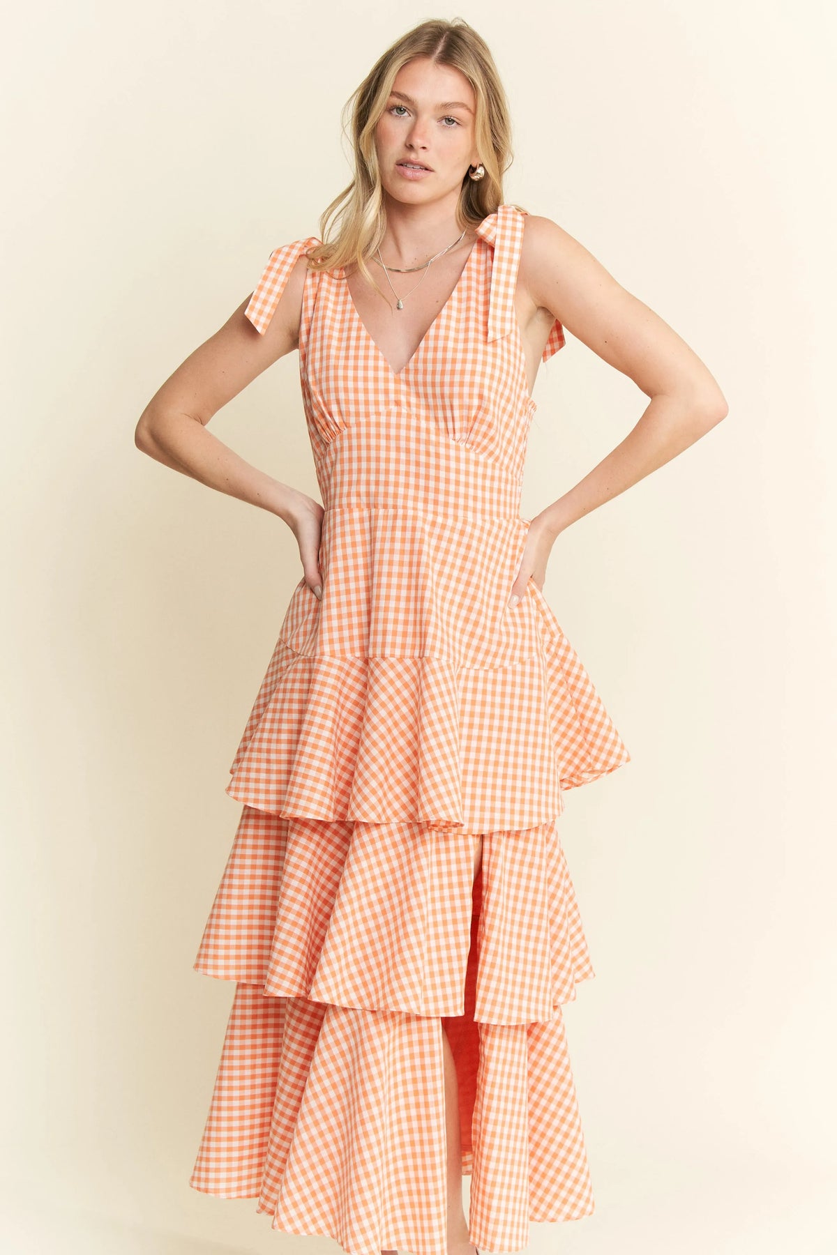 Sleeveless Gingham Print Tiered Midi Dress side view