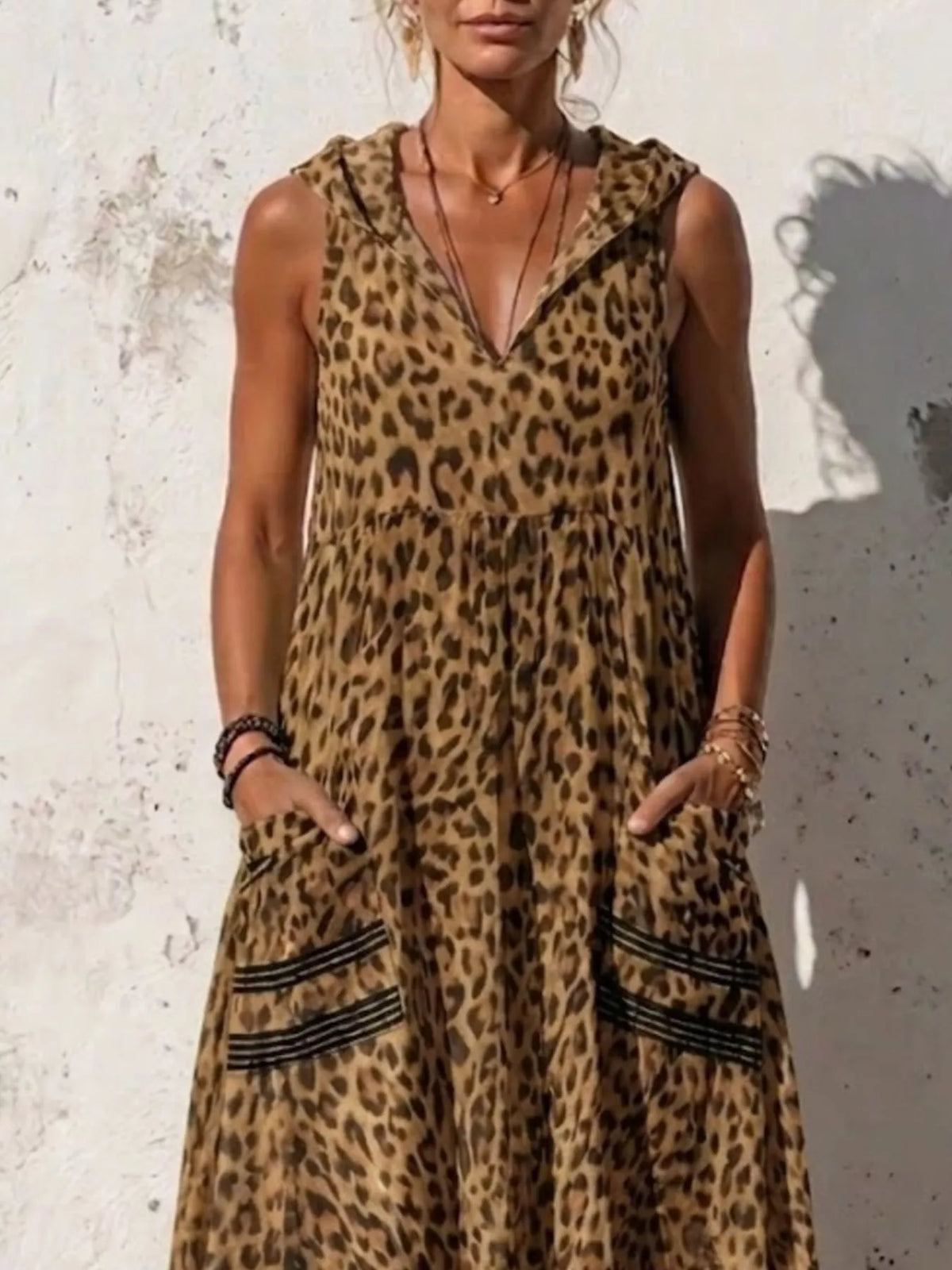 Sleeveless hooded leopard print maxi dress with pockets styled view