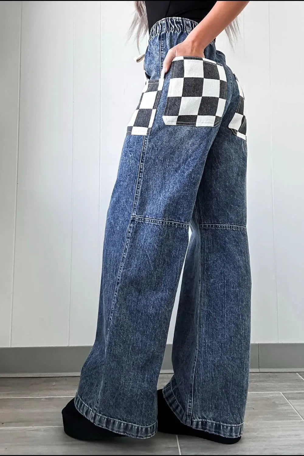 Checkered Wide Leg Jeans back view
