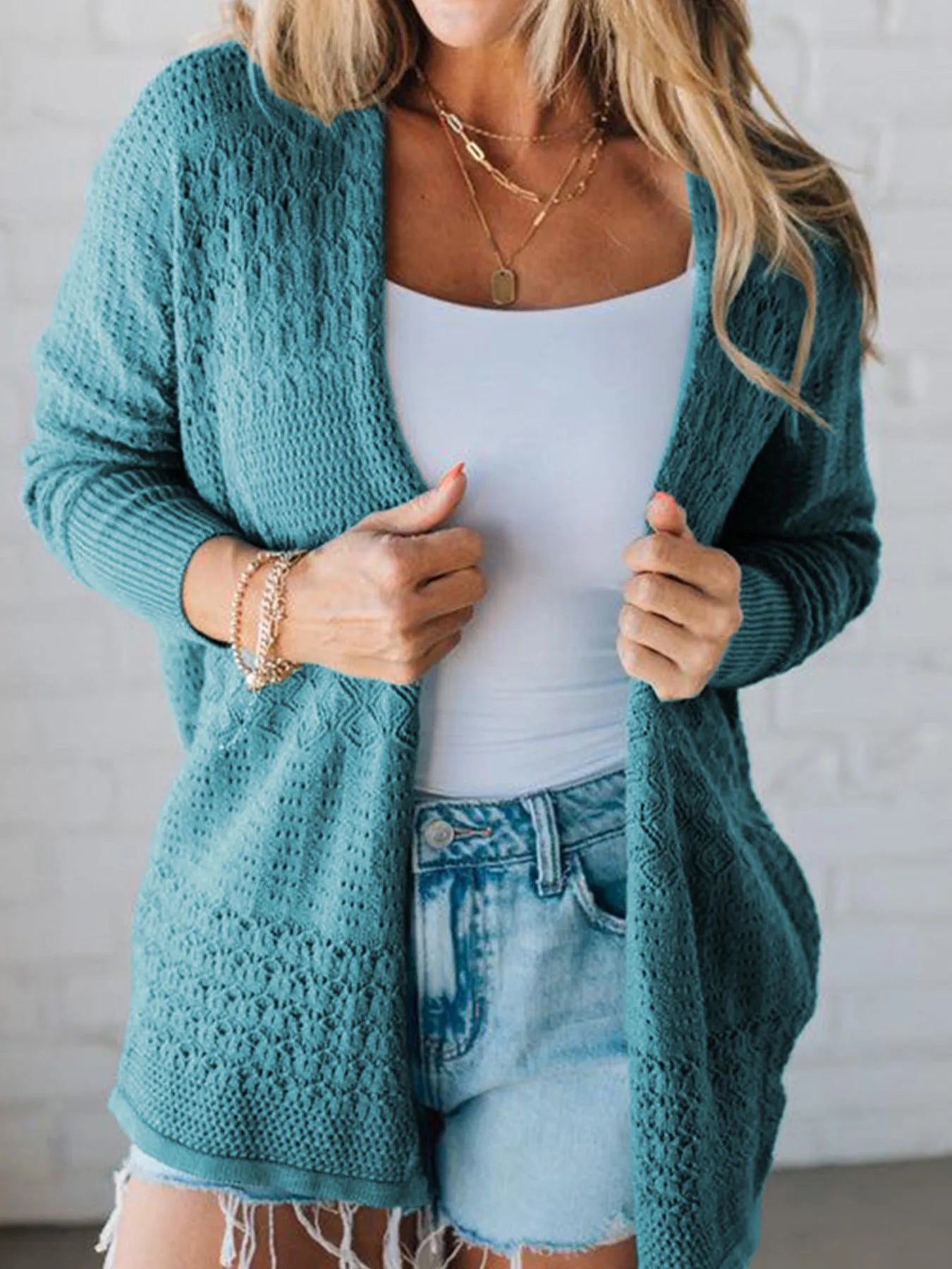 Open Front Knitted Cardigan with Eyelet Details Teal - Fashorio