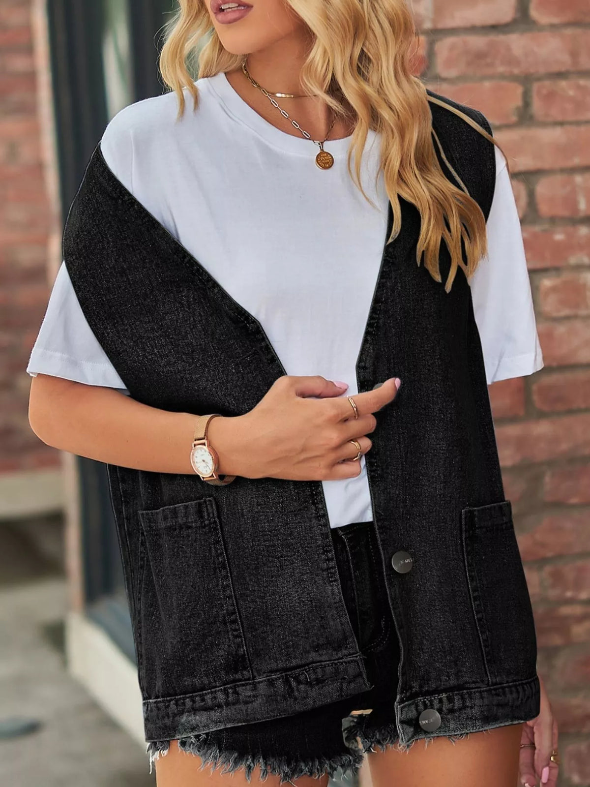 Sleeveless Button Down Denim Vest in Light Blue view 10