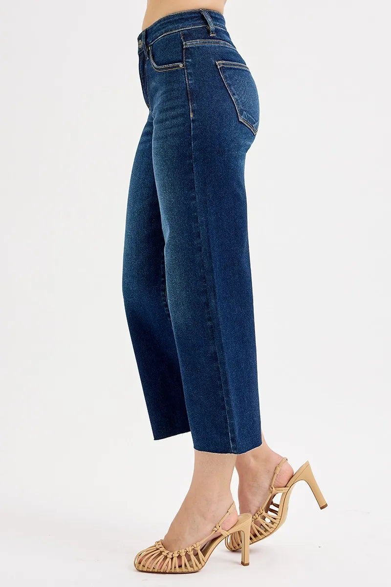 Close up of tummy control high rise waistband on jeans