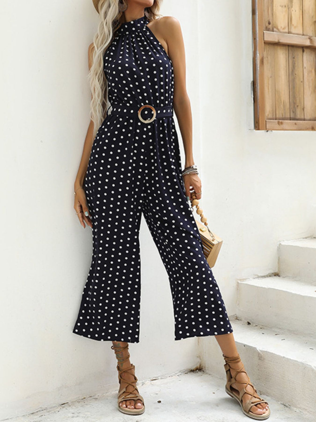 Jumpsuit styled with heels for an evening look