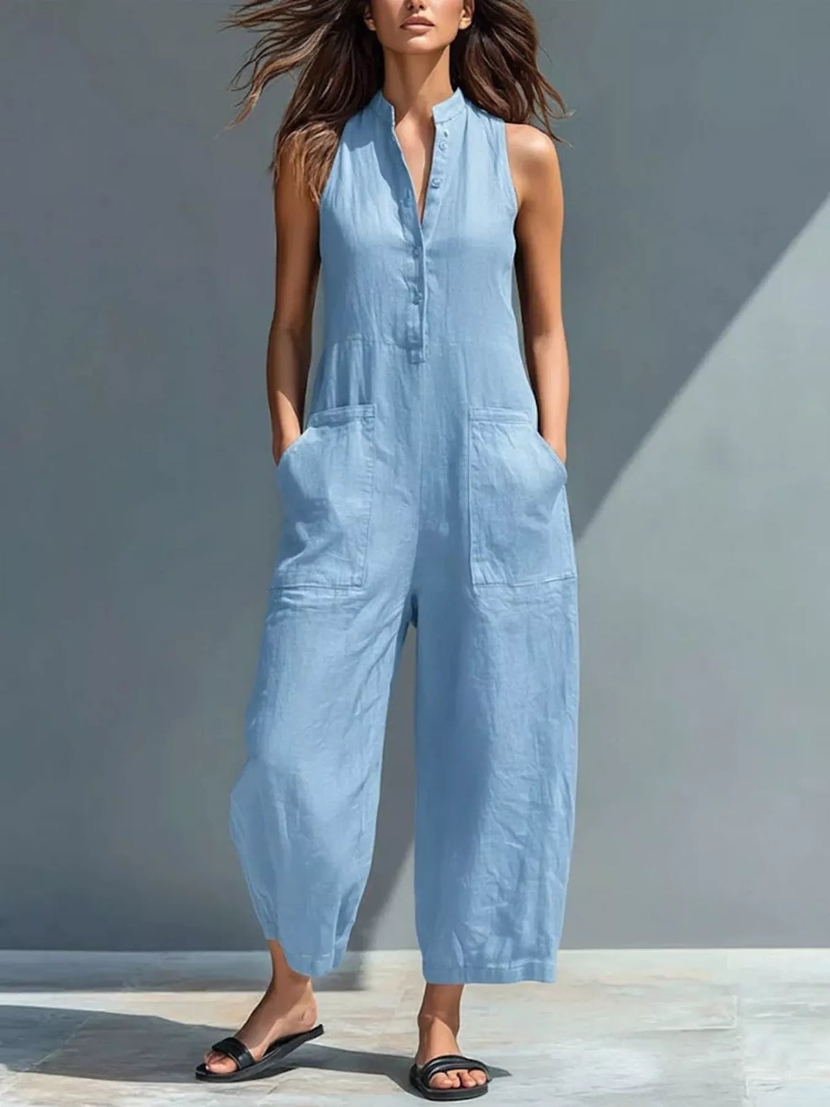 Button front sleeveless jumpsuit front view