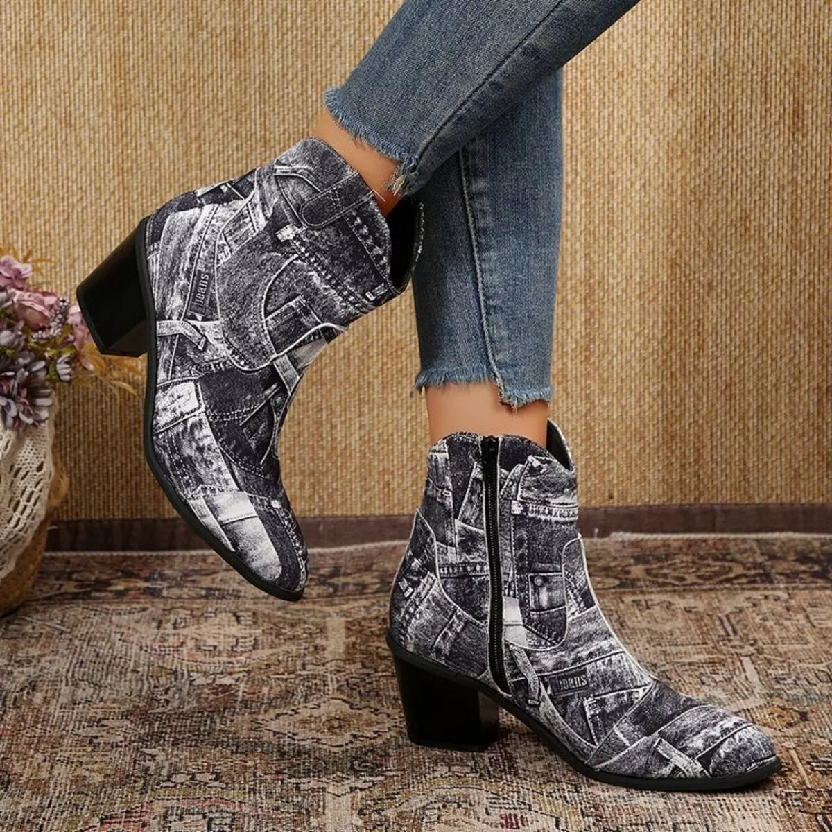 Black point toe block heel ankle boots front view