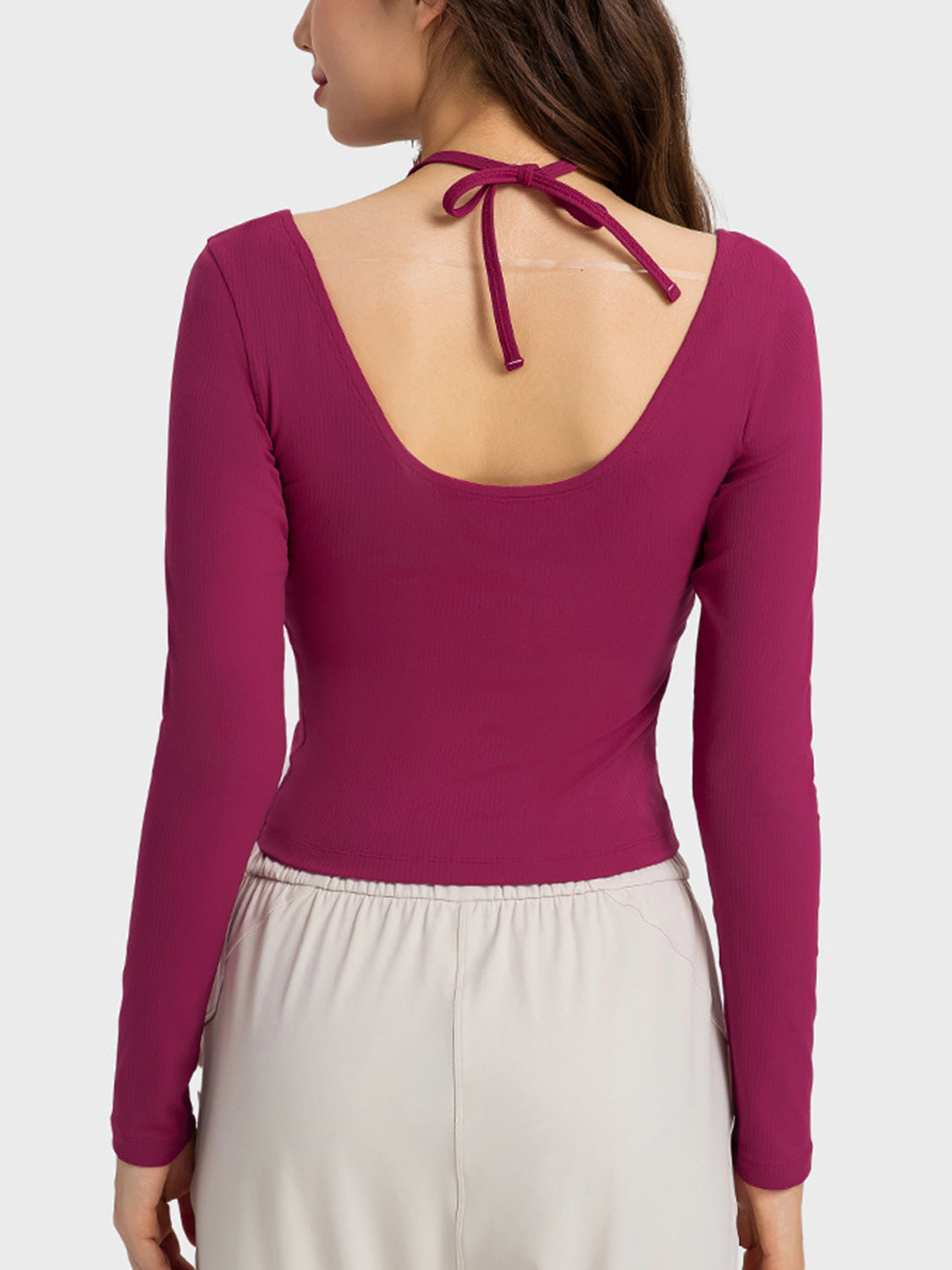 halter neck long sleeve active top back view