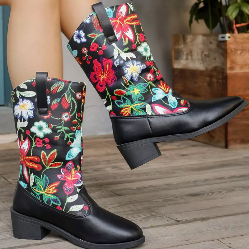Floral Block Heel Ankle Boots front view