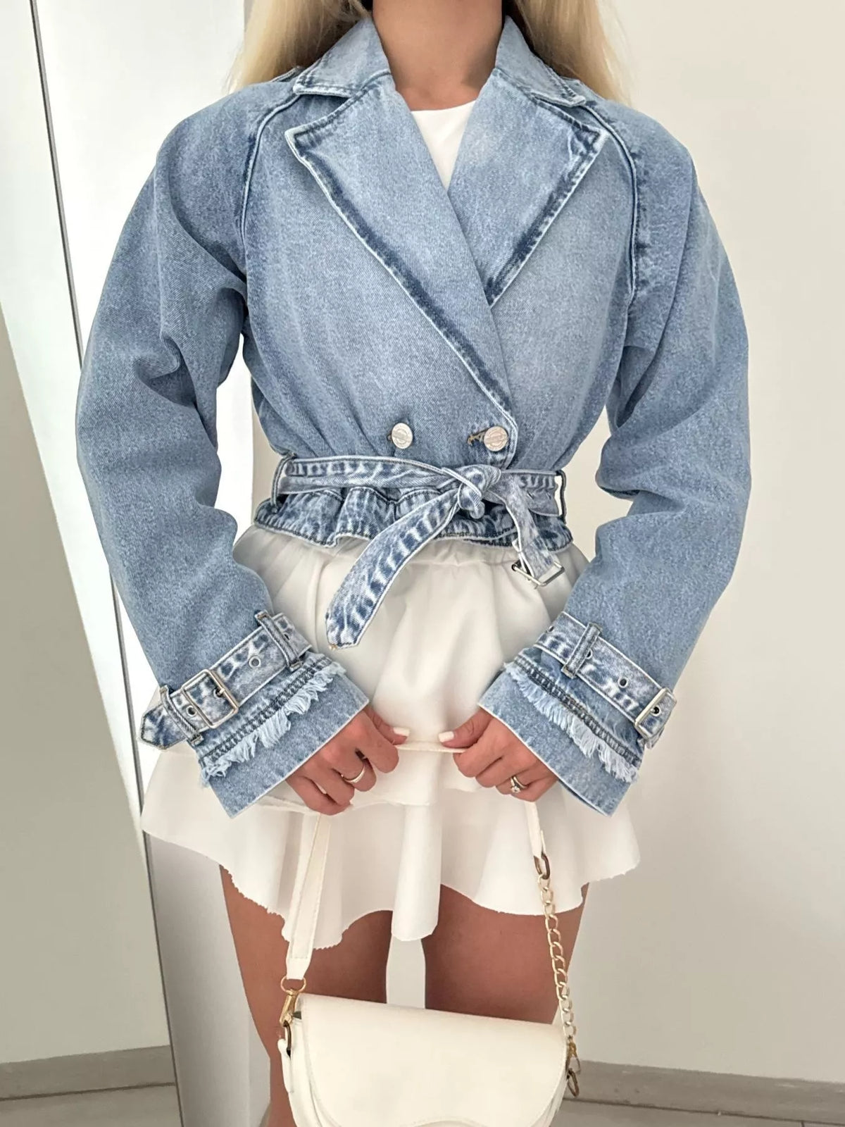 Cropped Long Sleeve Denim Jacket in Blue back view