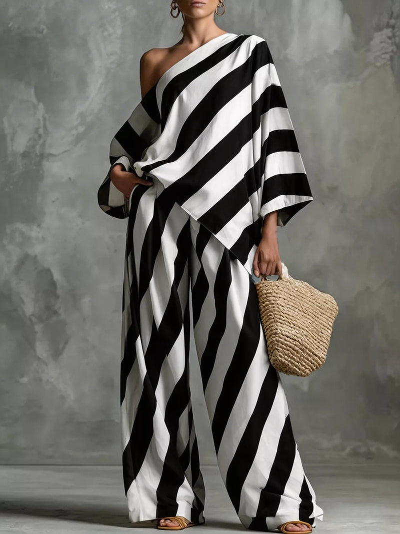 One shoulder striped top and wide leg pants matching set