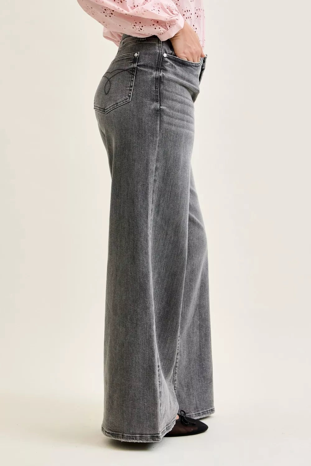 Mid rise palazzo wide leg pants back yoke detail