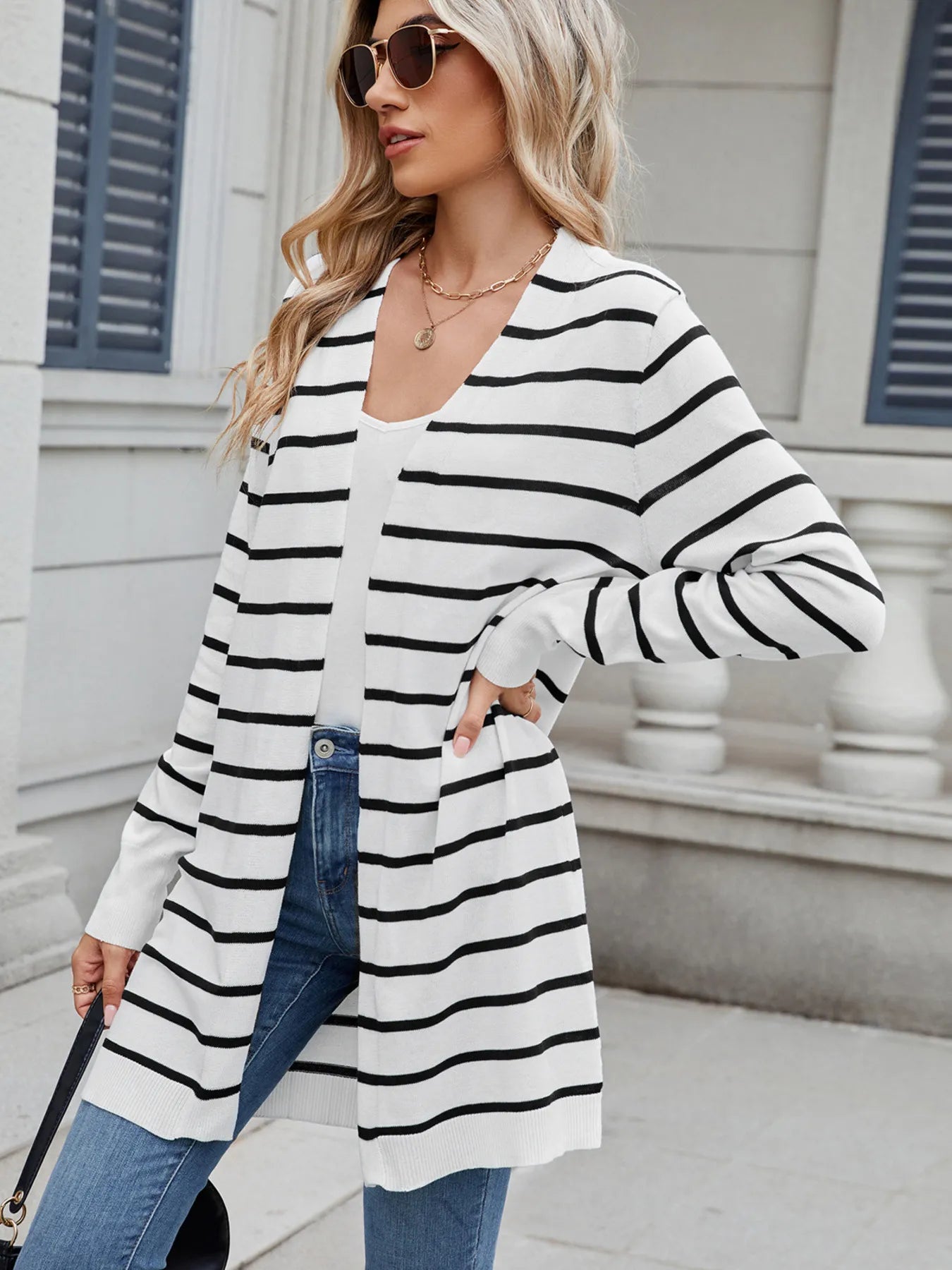 Striped Open Front Cardigan with Relaxed Fit Stripe - Fashorio