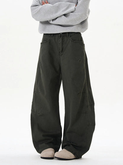 Men's Washed Wide Leg Curved Cargo Jeans Military Green - Fashorio