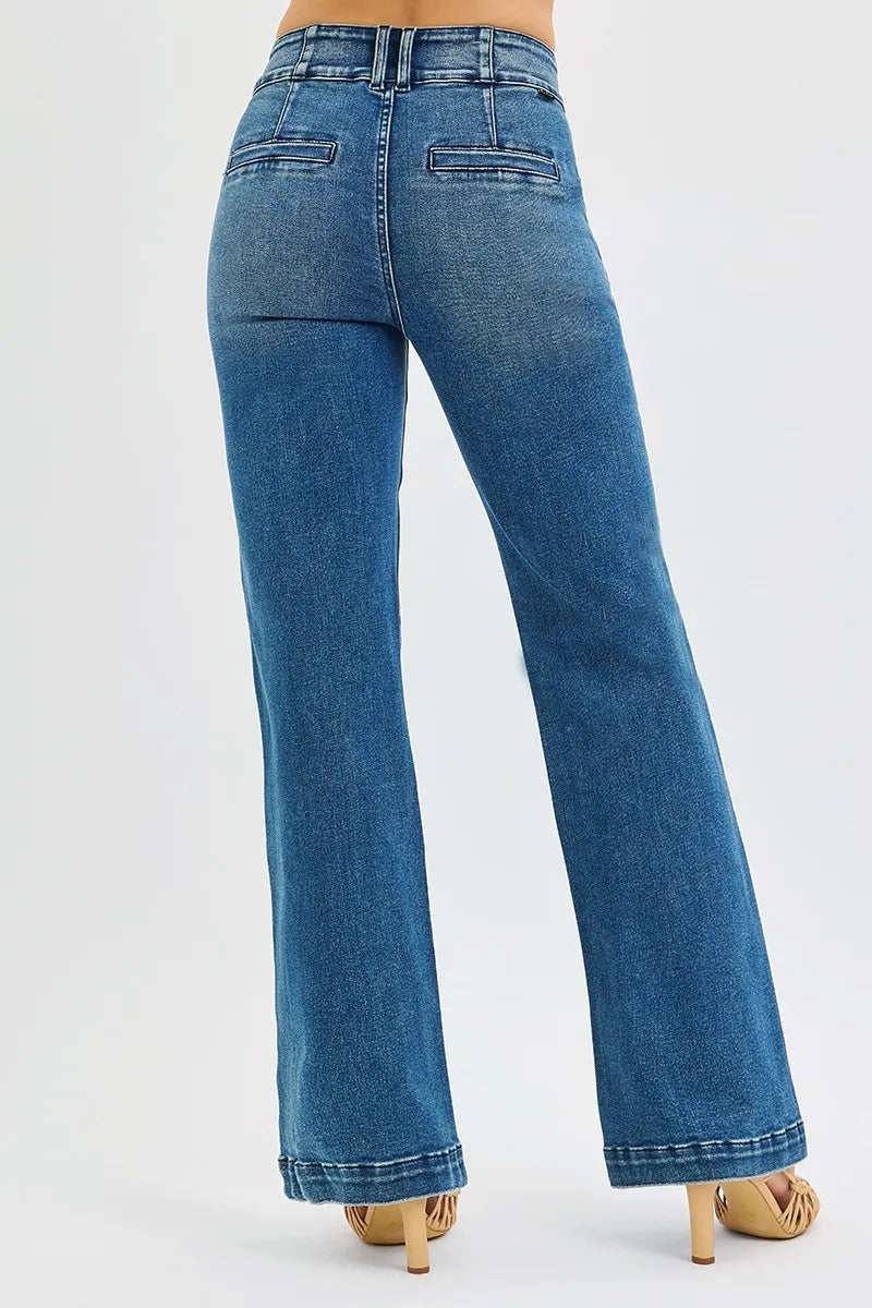 RISEN dark blue denim bootcut jeans fabric detail