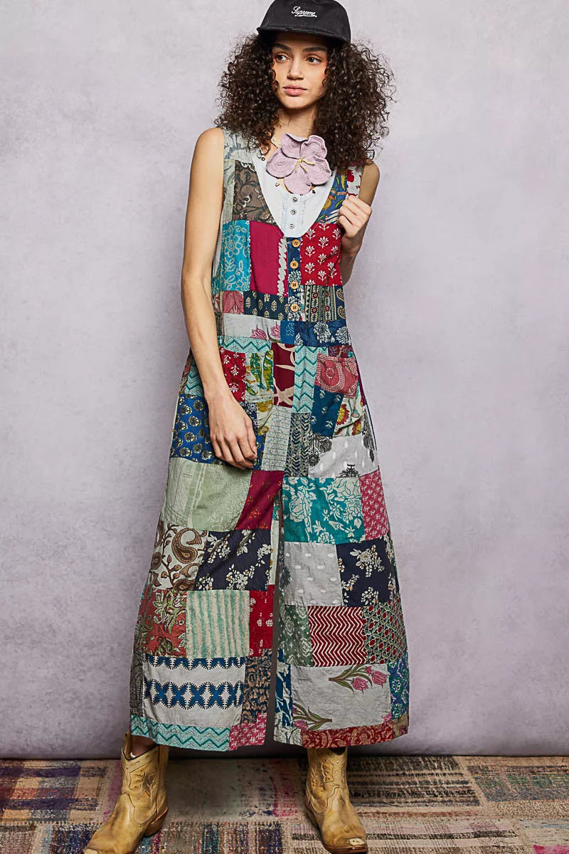 Sage patchwork wide leg jumpsuit front view
