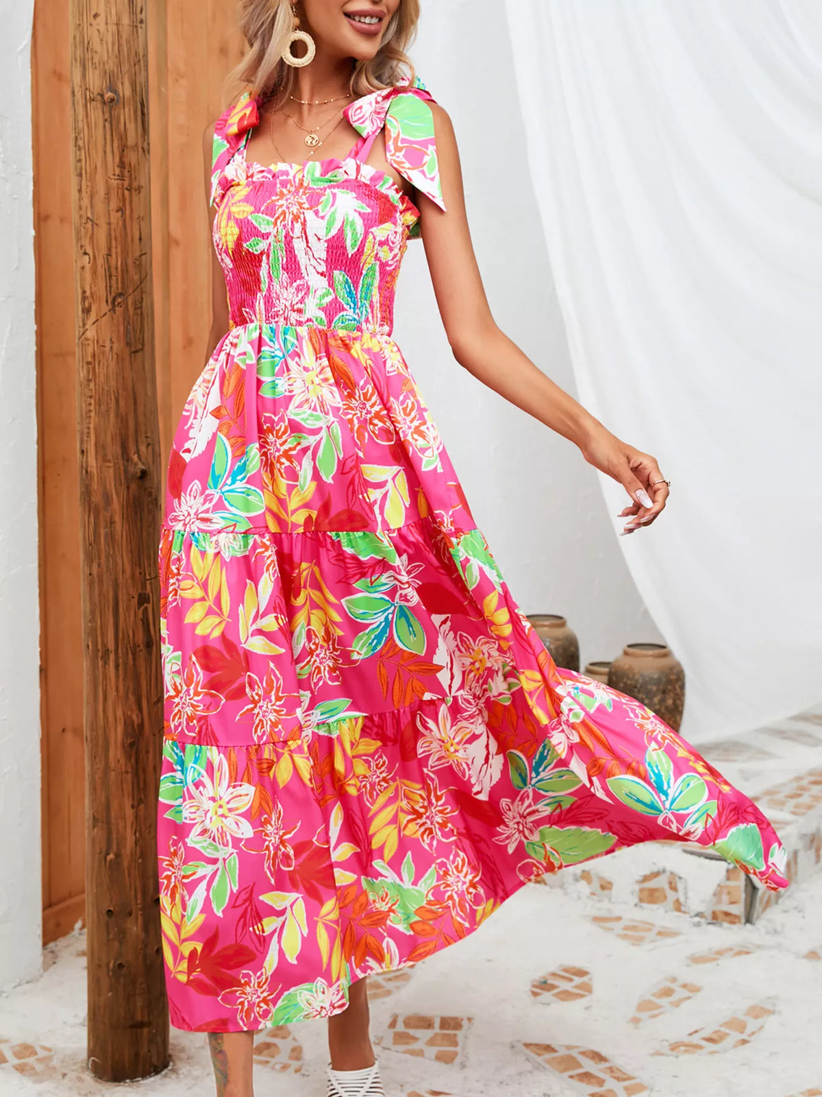 Tropical print smocked tie strap dress front view