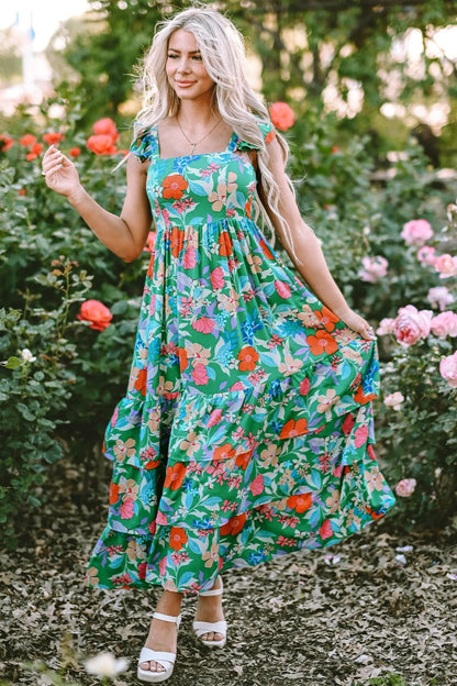 Tiered Ruffled Printed Sleeveless Dress Dark Green - Fashorio