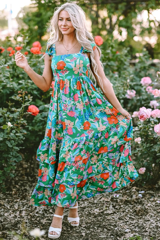 Tiered Ruffled Printed Sleeveless Dress Dark Green - Fashorio